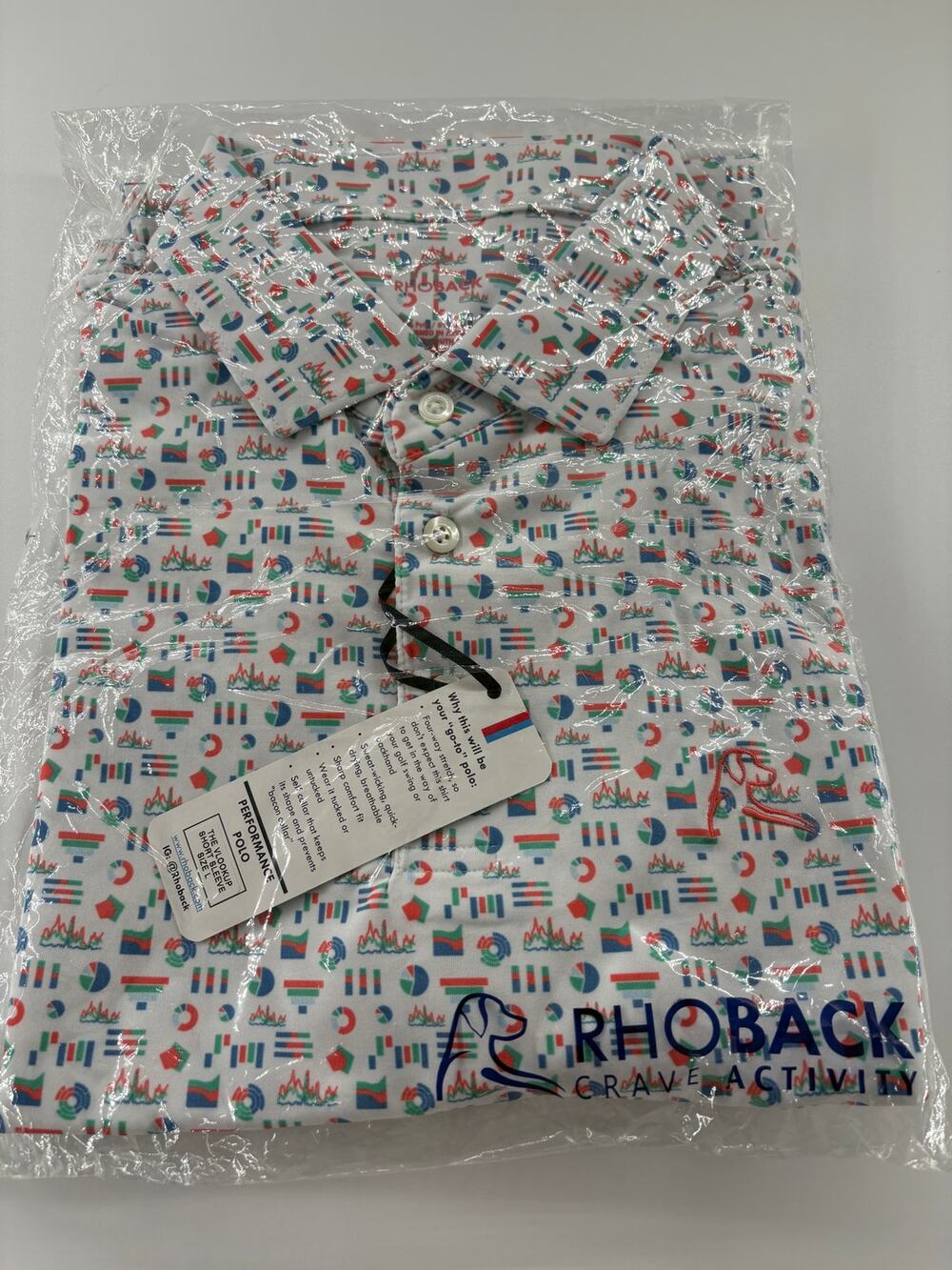 Rhoback "Crave Activity" Performance Polo — Finance/Excel Novelty Print, NWT